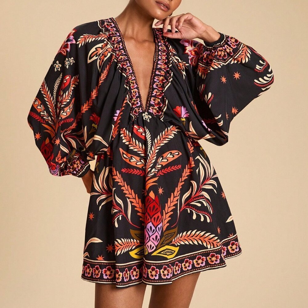 Multicolor Boho Women's Casual Plant Print Batwing Sleeves Mini Dress
